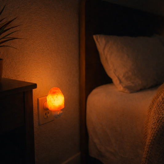 Bedroom with a night light on a wall socket next to a bed.